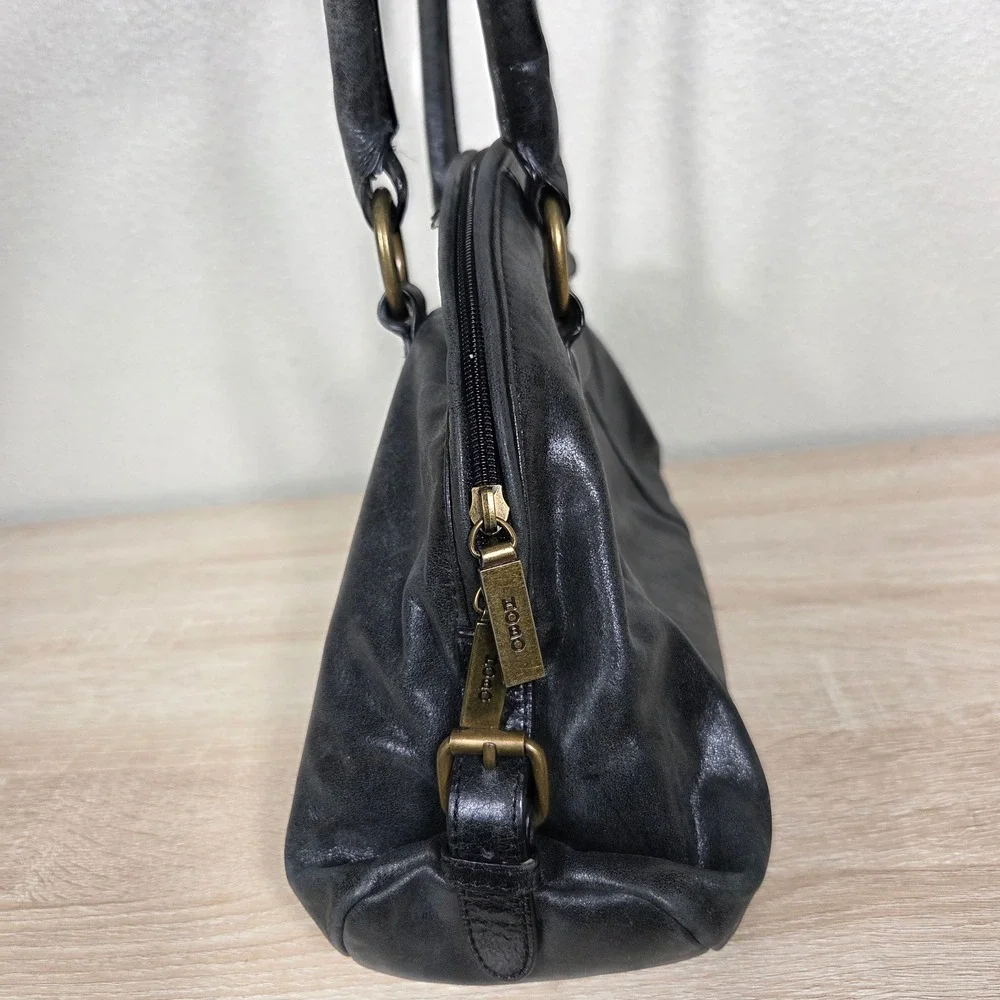 HOBO International Black Leather Satchel Handbag Brass Hardware